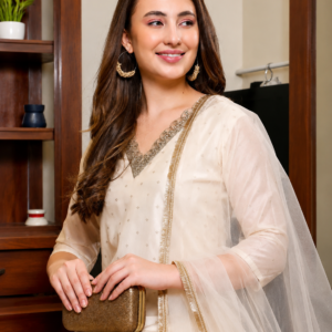 Women's Chanderi Silk Embroidered Kurti Set with Net Dupatta - Cream