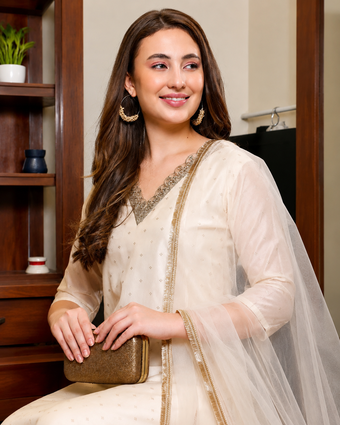 Women's Chanderi Silk Embroidered Kurti Set with Net Dupatta - Cream