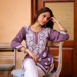 RUDRA LIFESTYLE Women's Purple Embroidered Kurti with White Pant Set