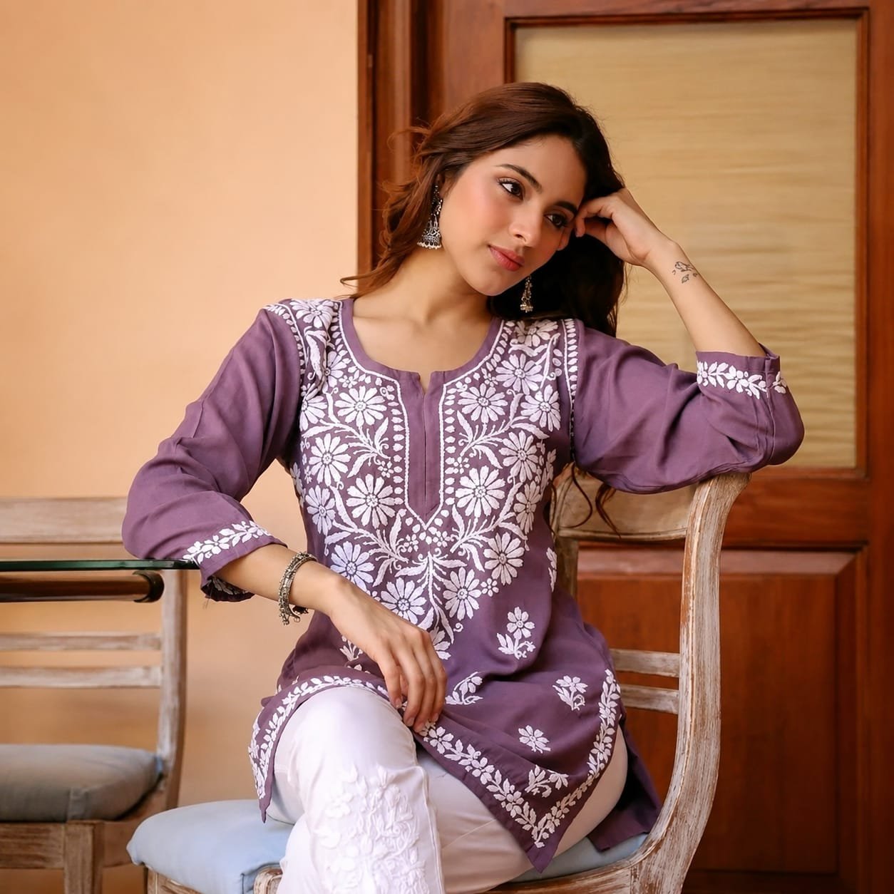 RUDRA LIFESTYLE Women's Purple Embroidered Kurti with White Pant Set