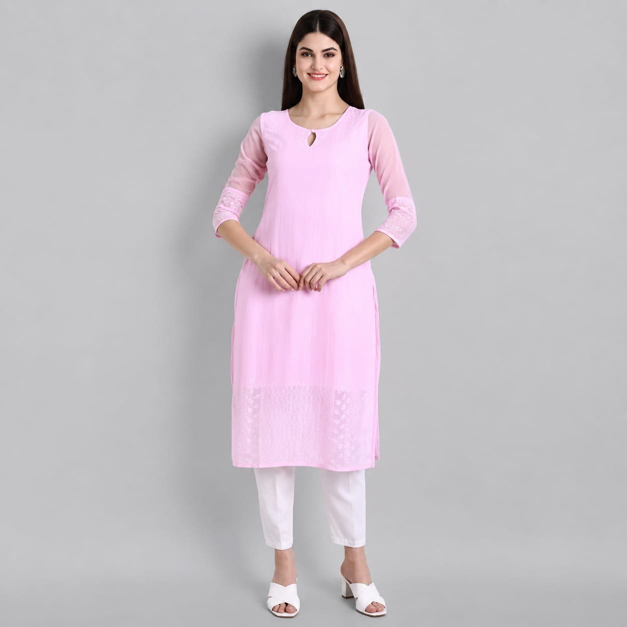 Women's Pink Straight Kurta with White Pant - Image 2