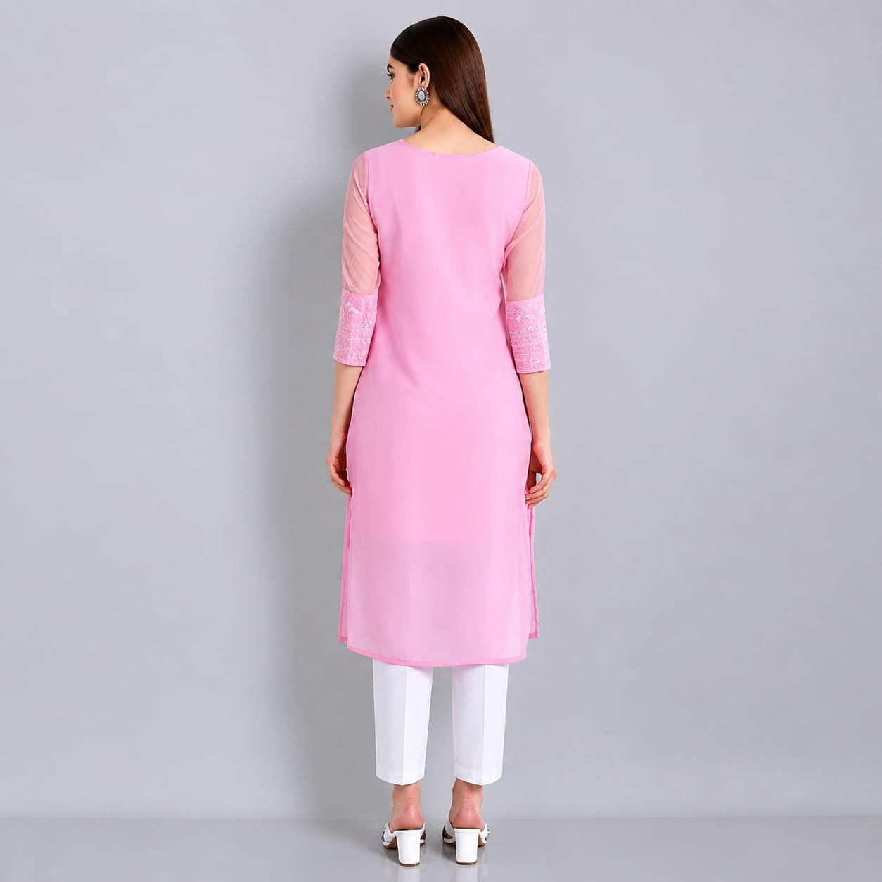 Women's Pink Straight Kurta with White Pant - Image 3