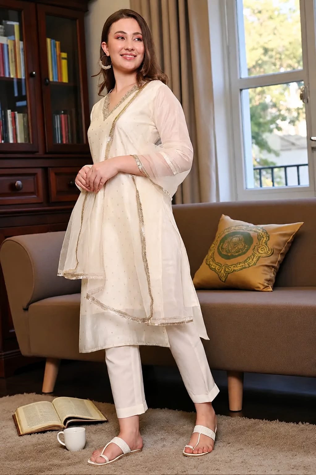 Women's Chanderi Silk Embroidered Kurti Set with Net Dupatta - Cream - Image 2